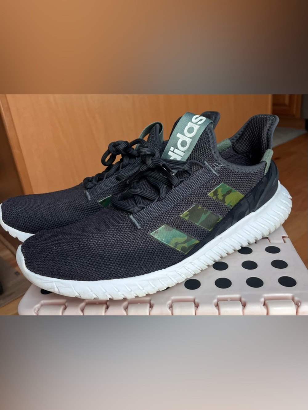Adidas Black Knit Sneakers with Green Camo Three-Stripes